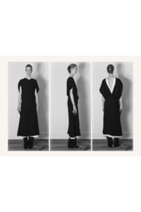 Triptych of a model in a long black dress with a white inner hem, shown from front, side, and back.