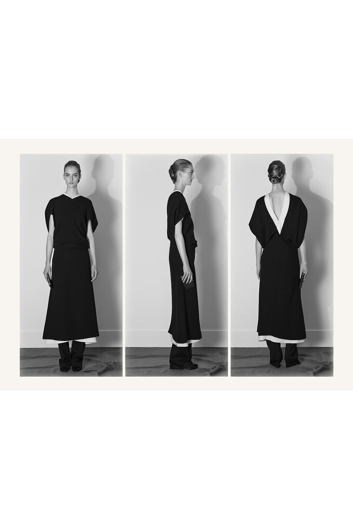 Triptych of a model in a long black dress with a white inner hem, shown from front, side, and back.