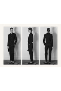 Black pantsuit worn by a woman shown in three poses: front view, profile, and back view in a triptych.