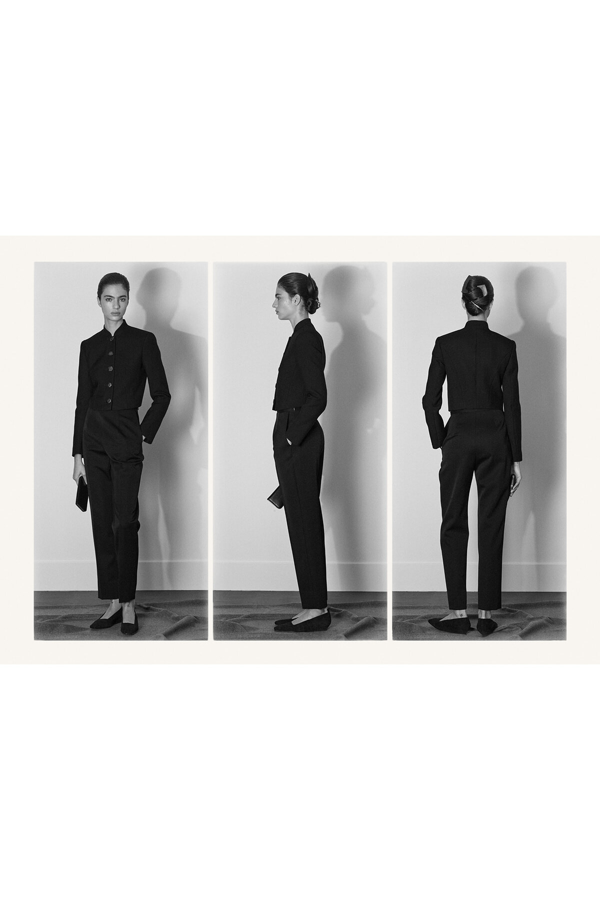 Black pantsuit worn by a woman shown in three poses: front view, profile, and back view in a triptych.