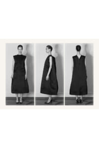 Triptych: model in a sleeveless black dress shown from front, side, and back, with heels in a minimalist fashion shoot.