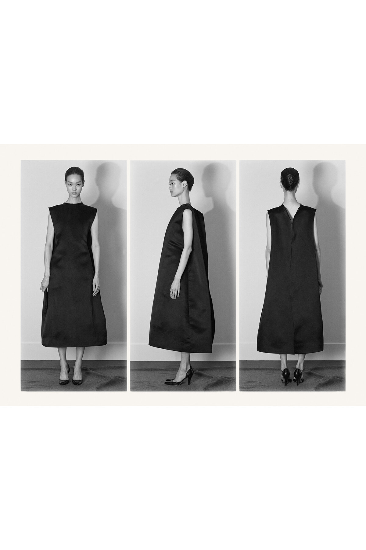 Triptych: model in a sleeveless black dress shown from front, side, and back, with heels in a minimalist fashion shoot.