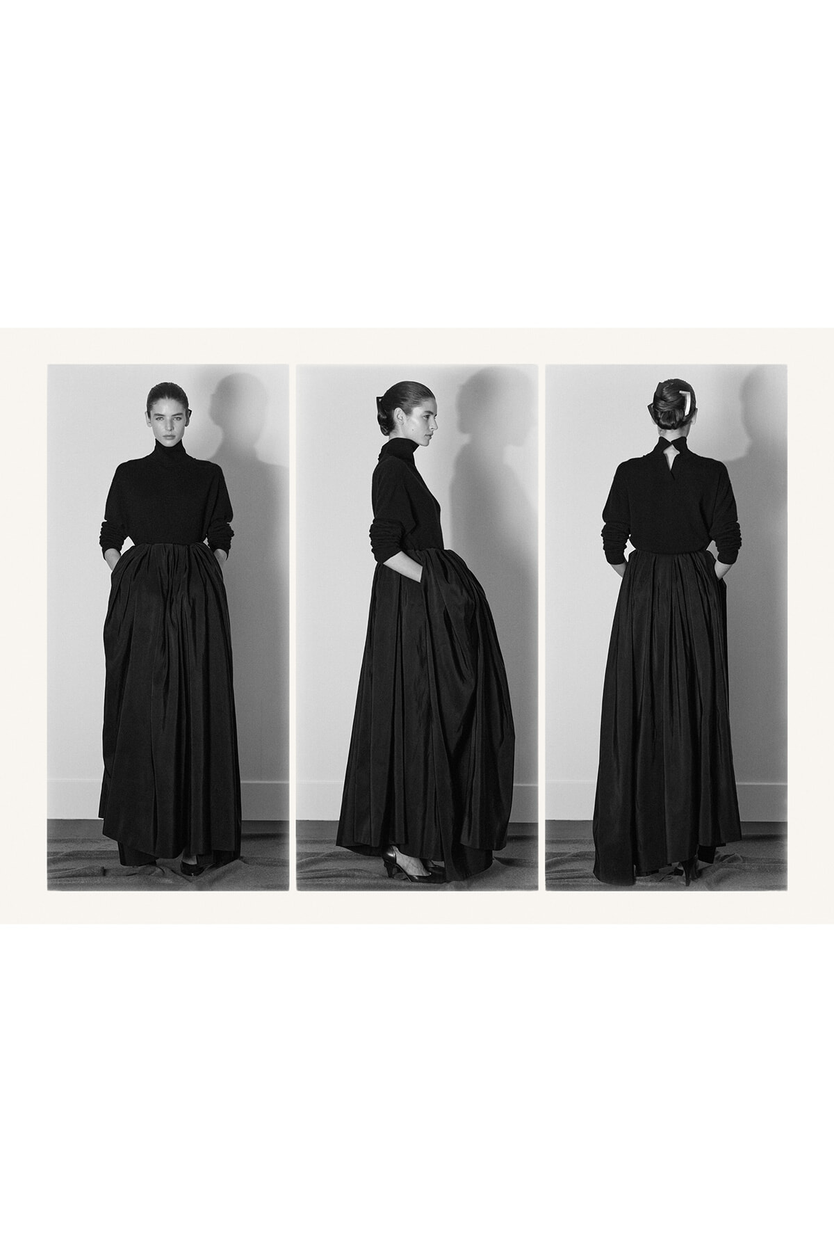 Black-and-white triptych of a woman in a black turtleneck and full-length skirt, shown front, side, and back.