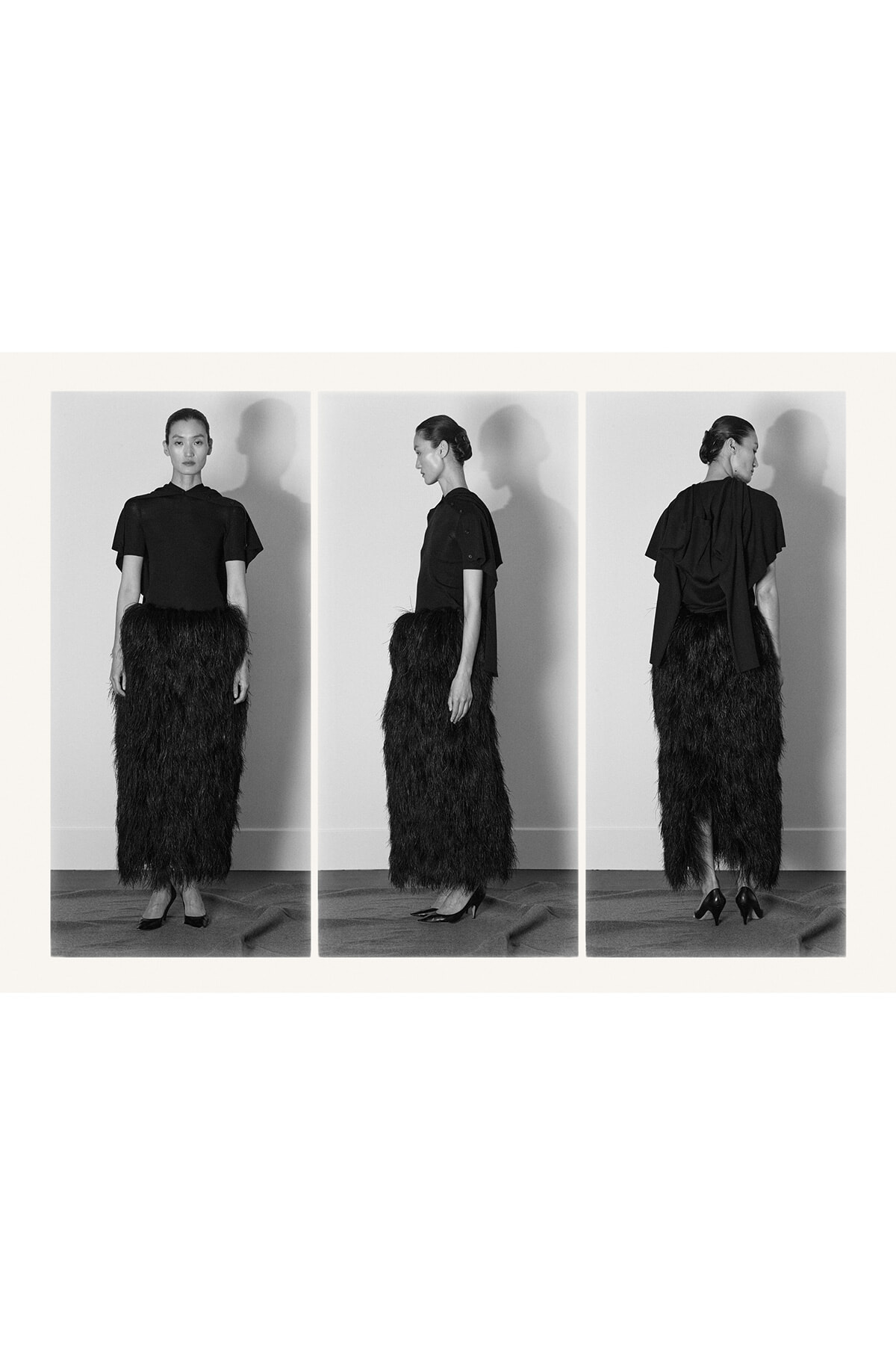 Triptych of a woman in a black blouse and long shaggy black skirt, shown from front, side, and back in black-and-white.