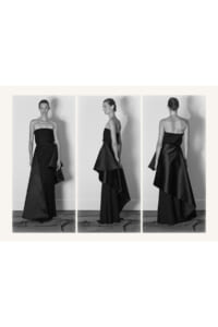 Triptych of a model in a strapless black satin gown, shown from front, side, and back in a studio.