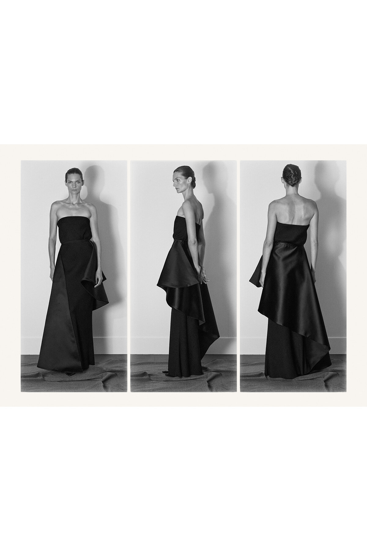 Triptych of a model in a strapless black satin gown, shown from front, side, and back in a studio.