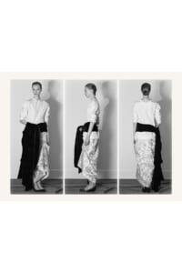 Triptych fashion photo: model in white blouse, floral skirt, and black sash shown from front, side, and back.