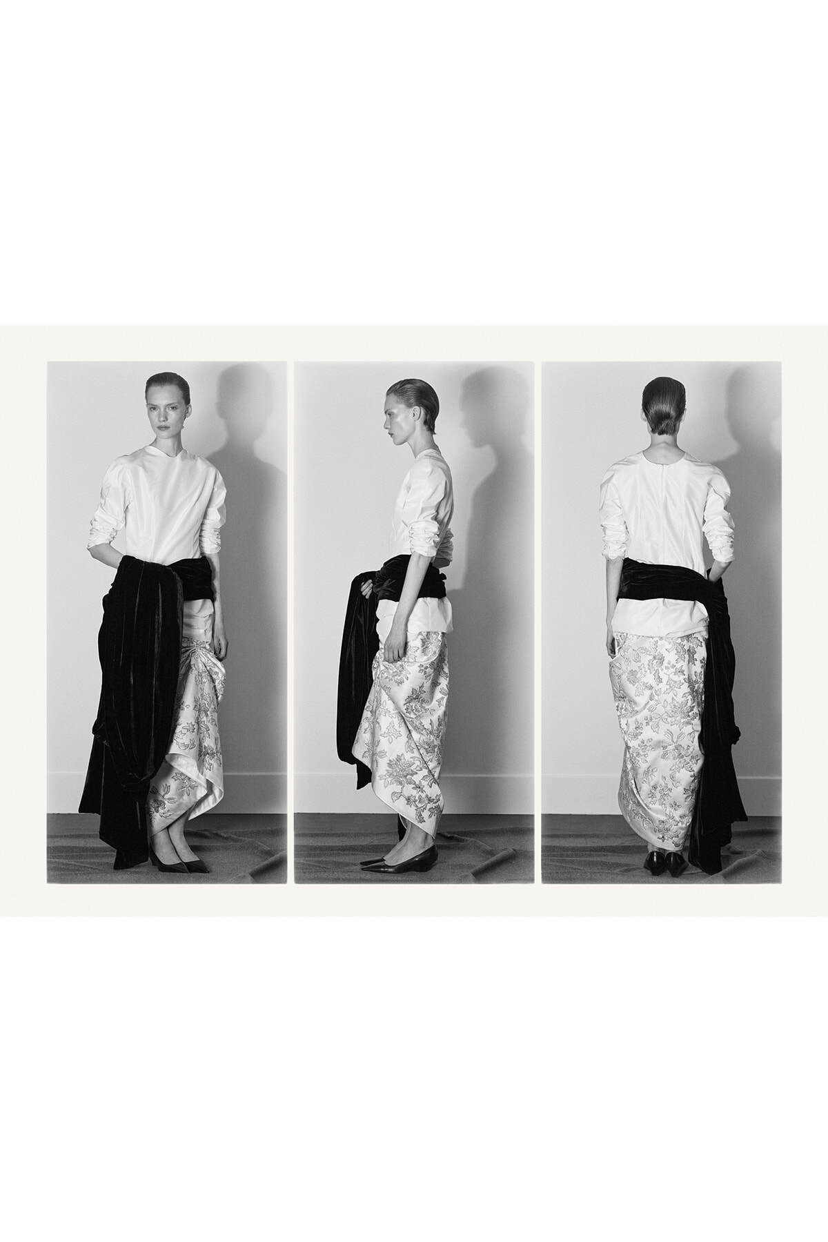 Triptych fashion photo: model in white blouse, floral skirt, and black sash shown from front, side, and back.