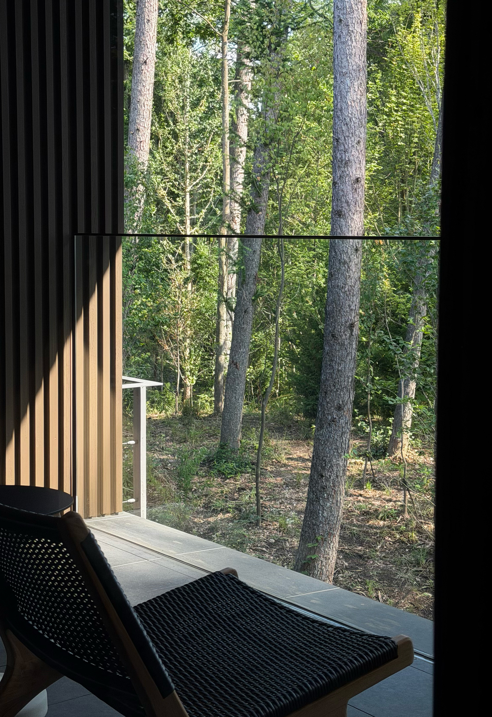 2026-07-21-karuizawa-solo-trip-essence-karuizawa-7 | madameFIGARO.jp(フィガロジャポン) 浴室からテラスへ部屋を経由せず直接出られる扉越しに見える景色