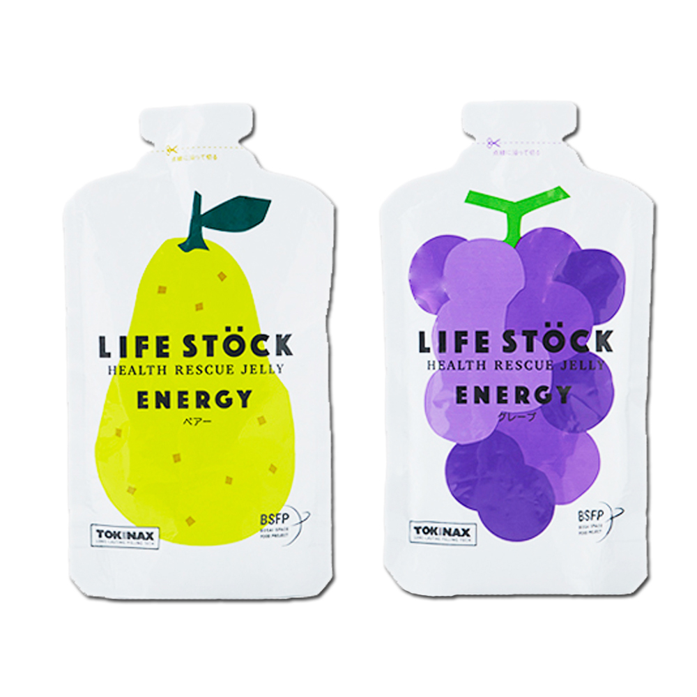 Two Life Stock Health Rescue Jelly Energy pouches side by side, one pear-flavored yellow and one grape-flavored purple on white packaging.