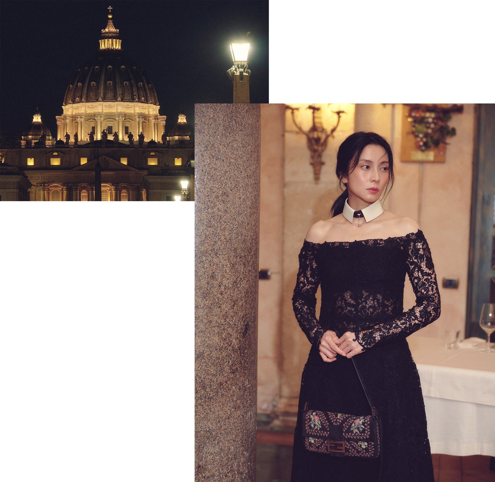 260803-fendi-ko-shibasaki-04 | madameFIGARO.jp(フィガロジャポン) 柴咲コウが着用する、フェンディのオフショルダー・マクラメレースドレス。ローマの夜を背景に"