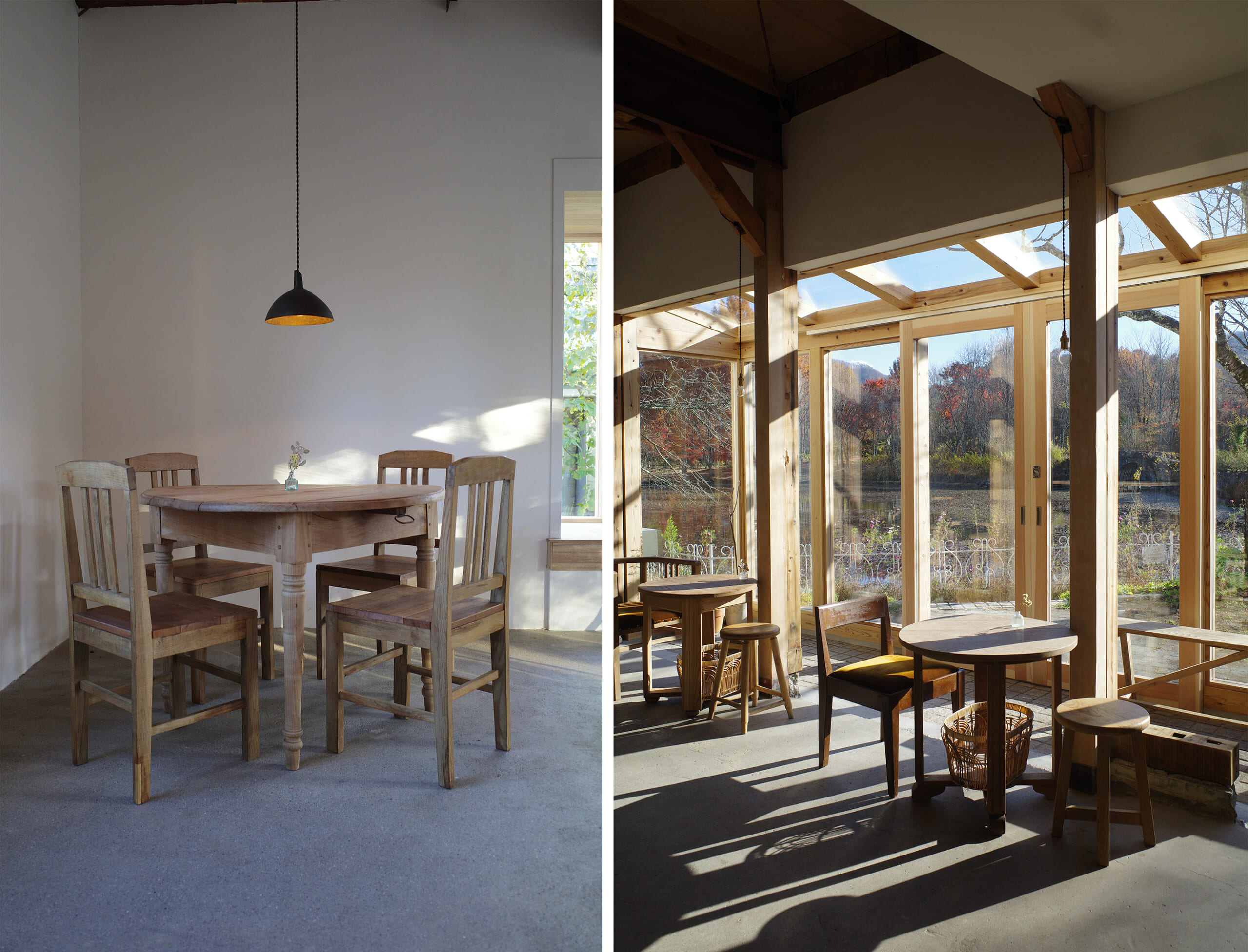 260804-karuizawa-recommend-wine-bread-8 | madameFIGARO.jp(フィガロジャポン) 軽井沢のワイン酒場「stand fog」の店内席と、湖を望む大きな窓のある店内風景