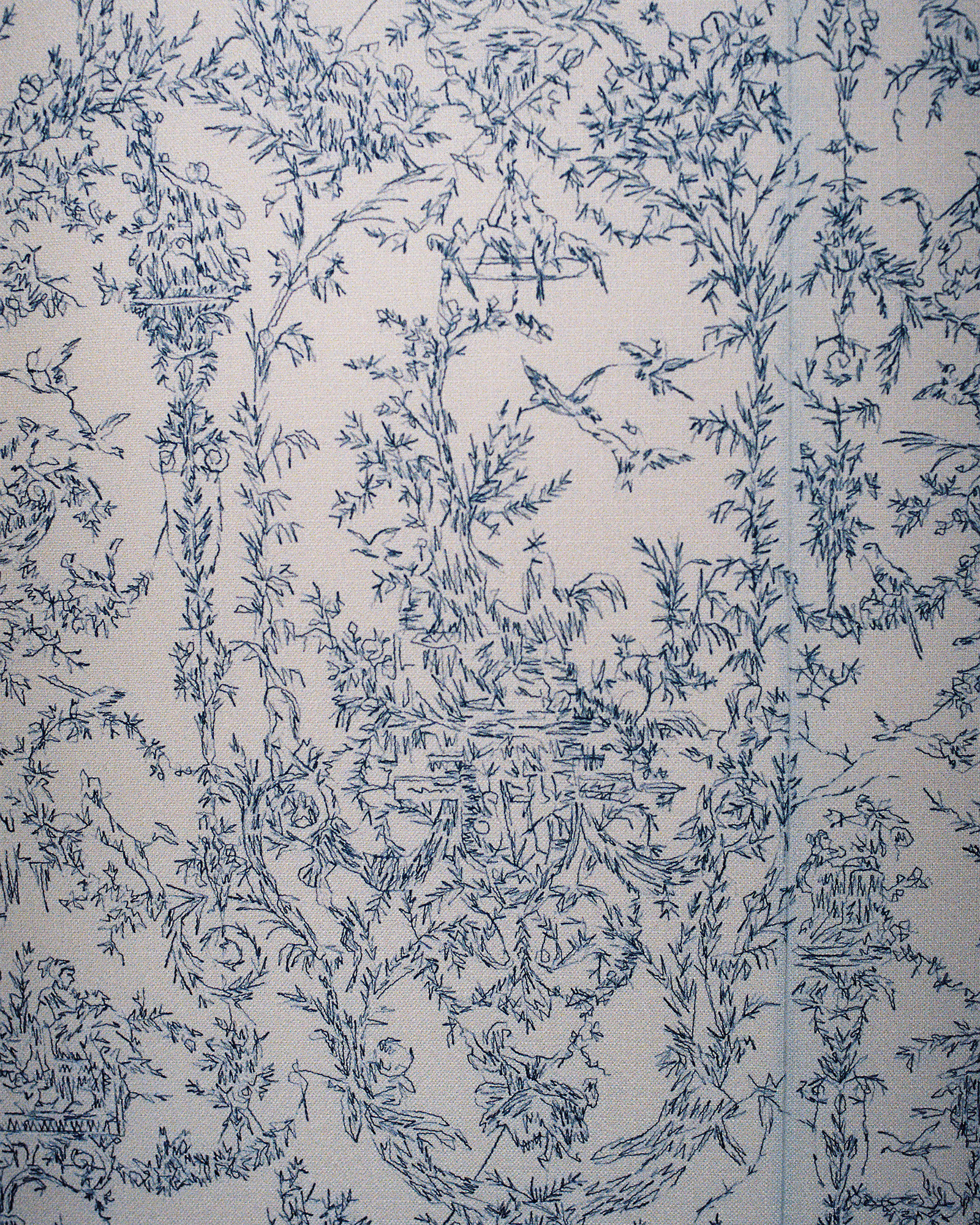 Decorative pattern of blue, fine botanical line drawings of leaves and branches on a pale background.