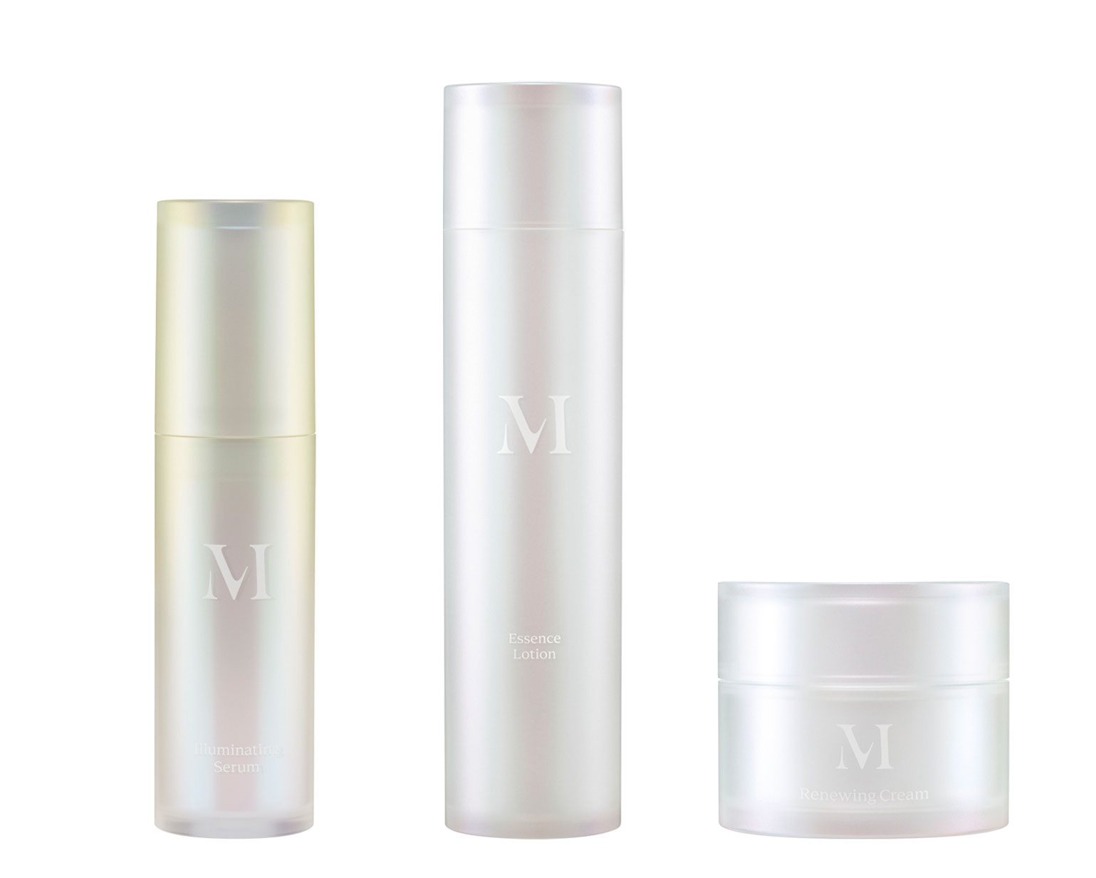 Three pearl-white skincare bottles against a white background: a tall pump bottle labeled Illuminating Serum, a taller bottle labeled Essence Lotion, and a short jar labeled Renewing Cream with an 'M' logo on each container.