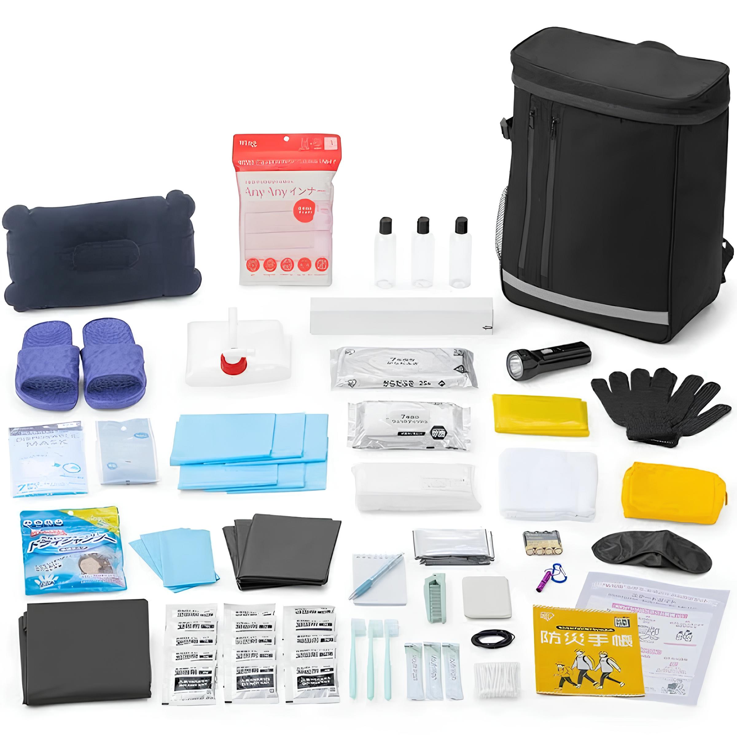 Travel first-aid kit items arranged: neck pillow, red medicine pouch, small bottles, gloves, blue folders, and a black backpack.