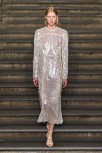 Model wearing a full-length silver sequin dress with long sleeves on a stairway.