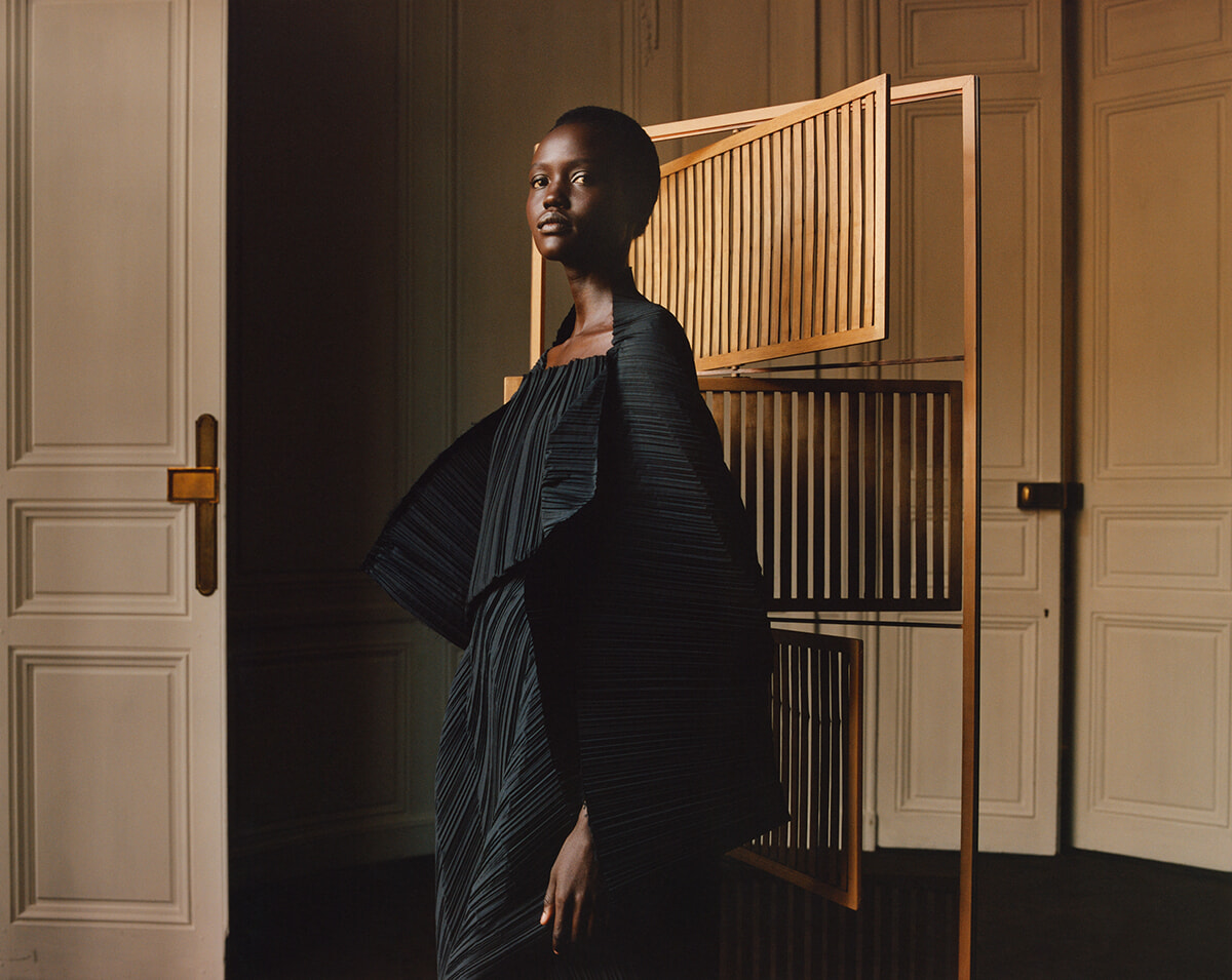 Model standing in a doorway wearing a dark pleated cape over a dress, with a wooden room divider behind.
