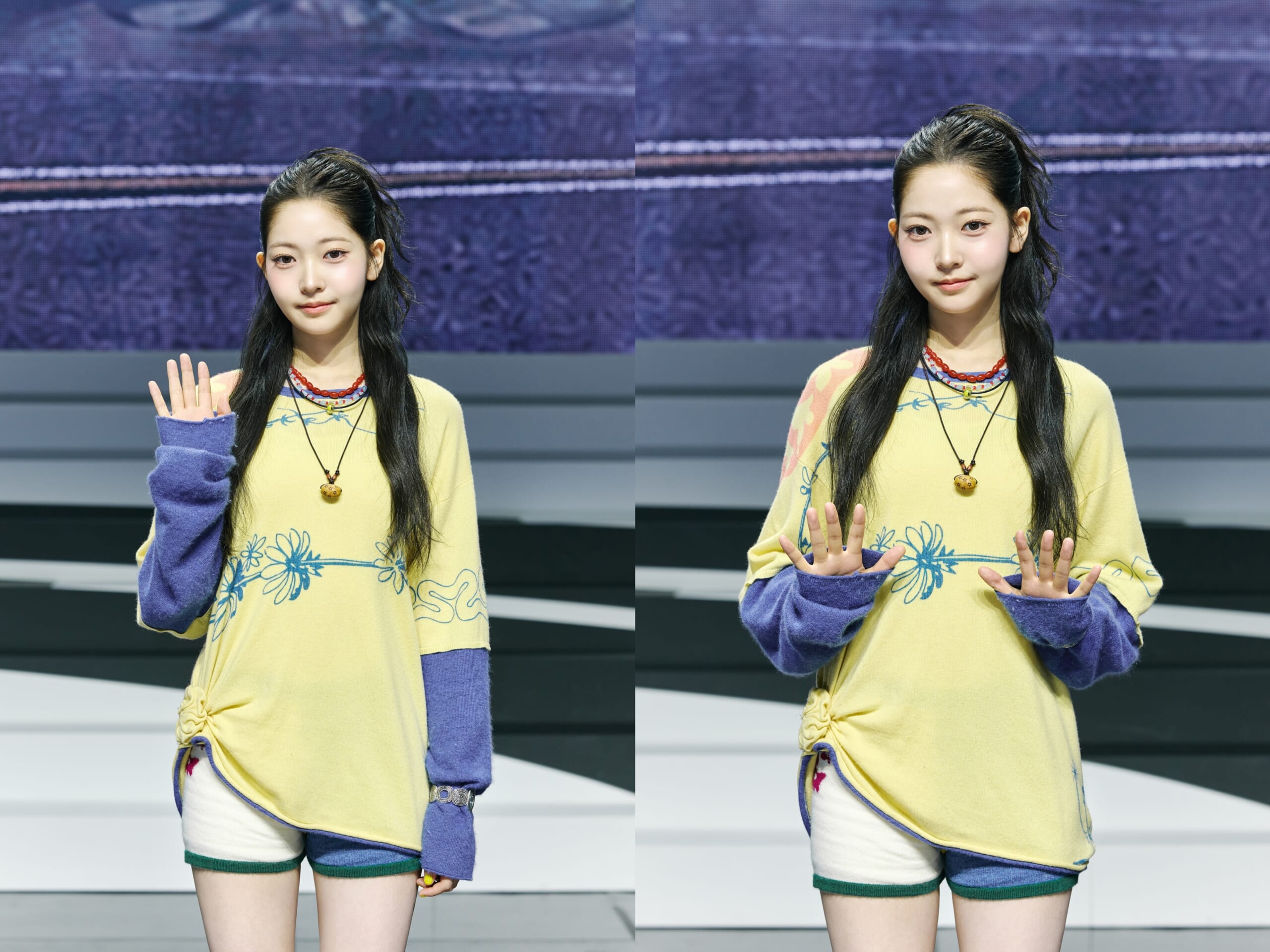 Two-panel image of a young woman on a stage, wearing a pale yellow shirt with blue floral design and purple sleeves; she waves in the left panel and raises hands in the right panel.