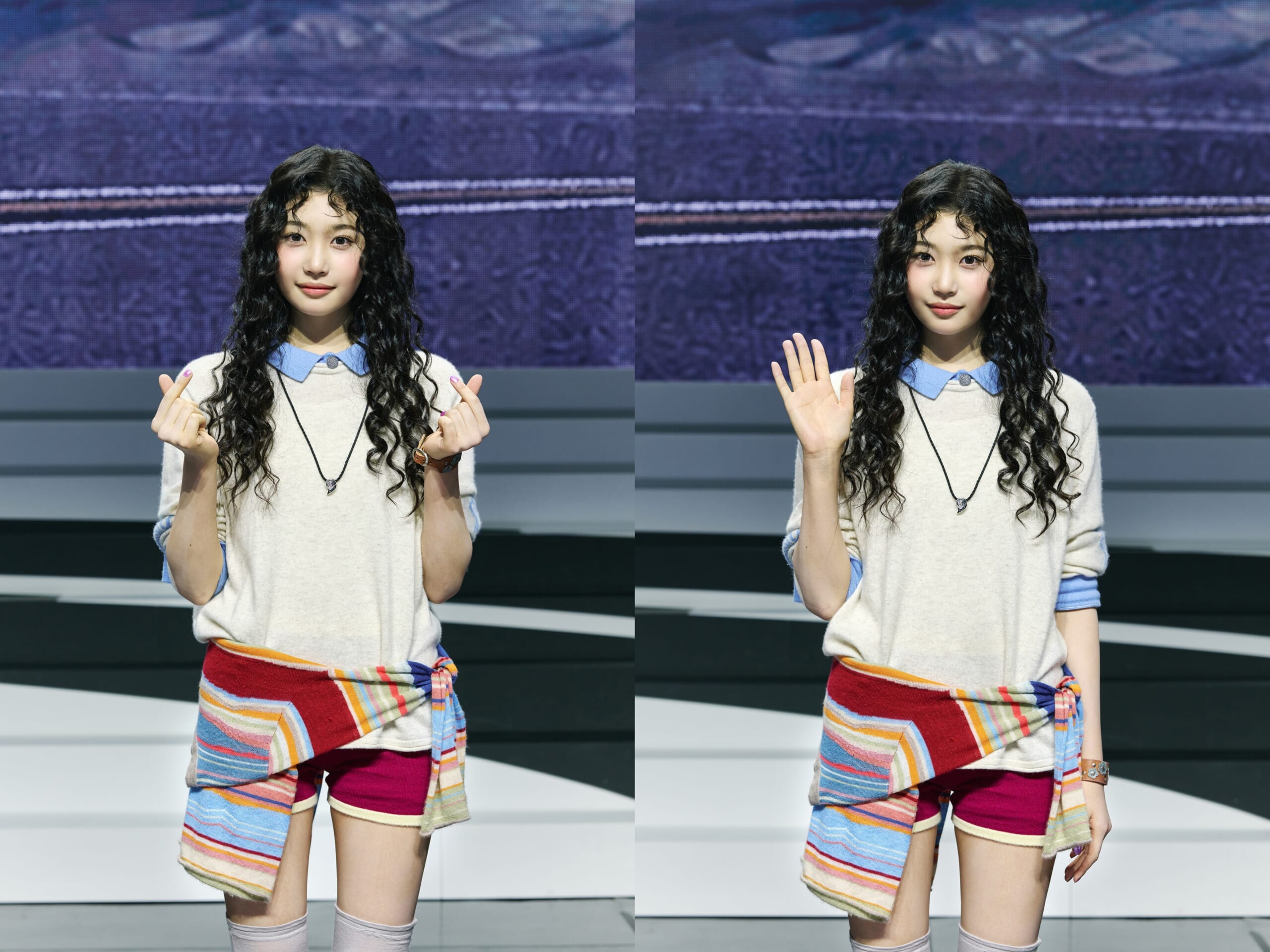 Twin-panel image of a young woman with long curly hair in a beige sweater and colorful belt; left panel shows a finger-heart gesture, right panel a waving hand.