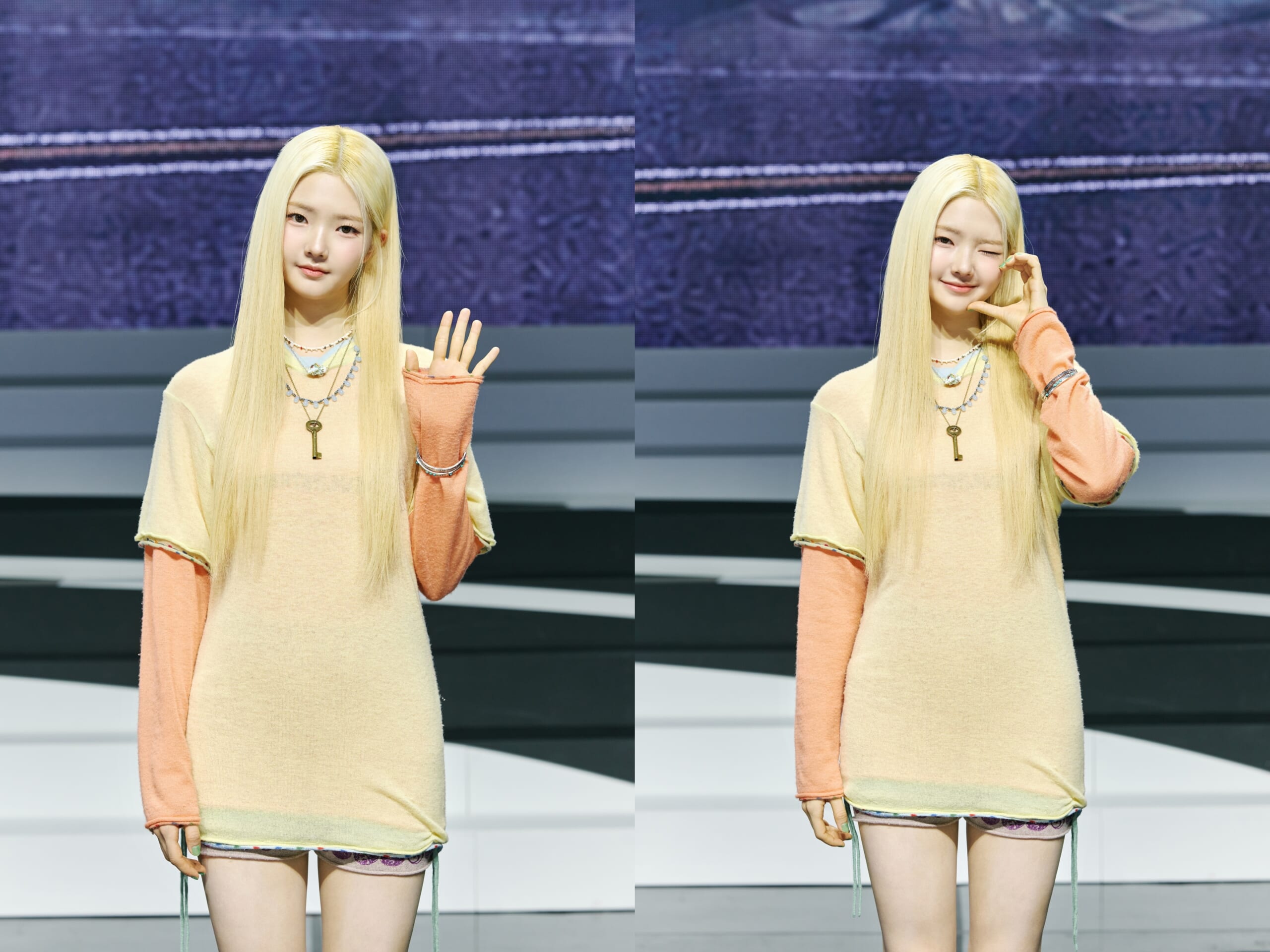 Two mirrored photos of a young blonde woman on a stage, wearing a beige sweater with peach sleeves, waving left and smiling on the right against a dark backdrop.