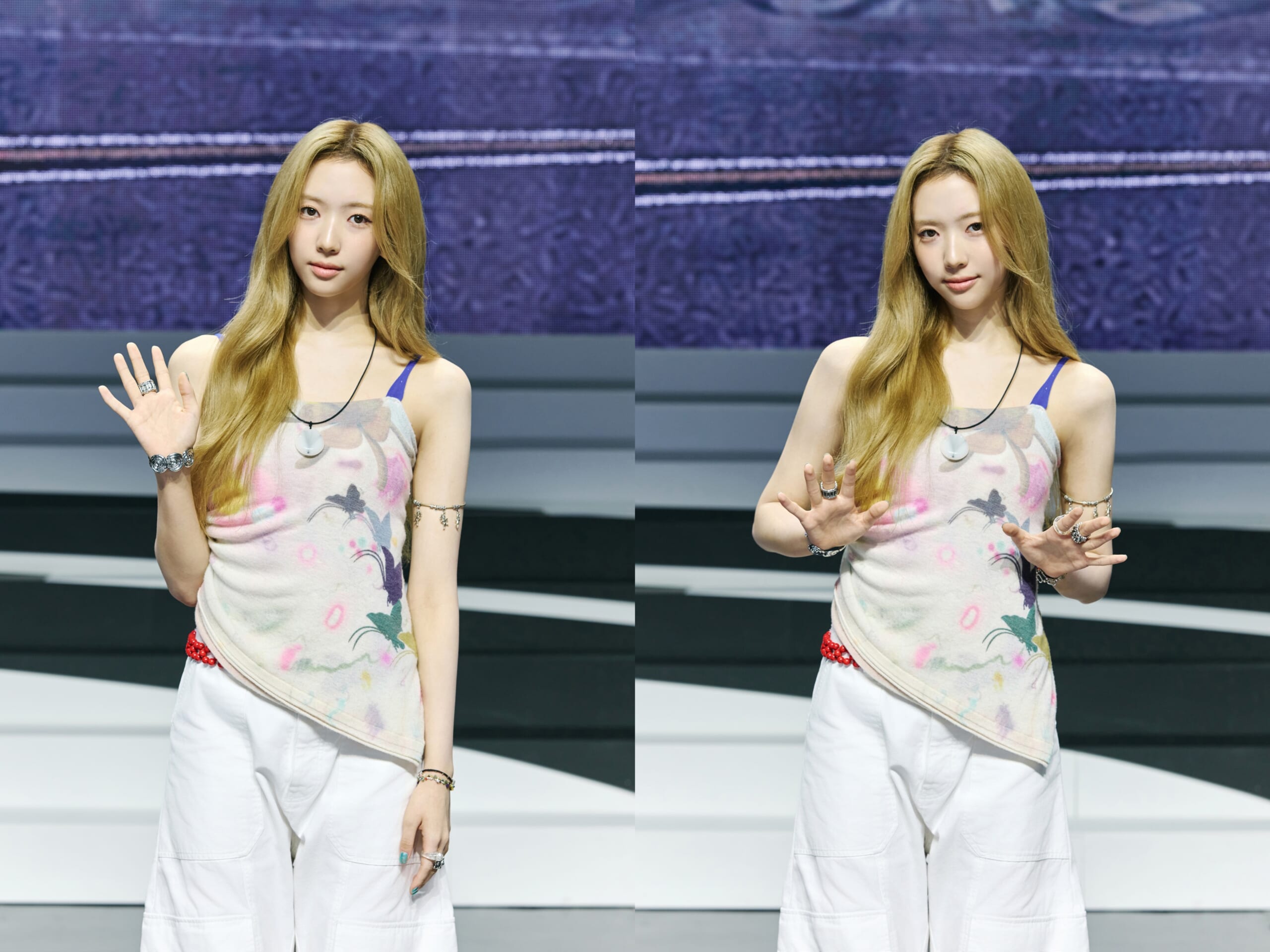 Two side-by-side images of a blonde woman in a pastel floral top and white pants, waving on a stage with a blue backdrop.