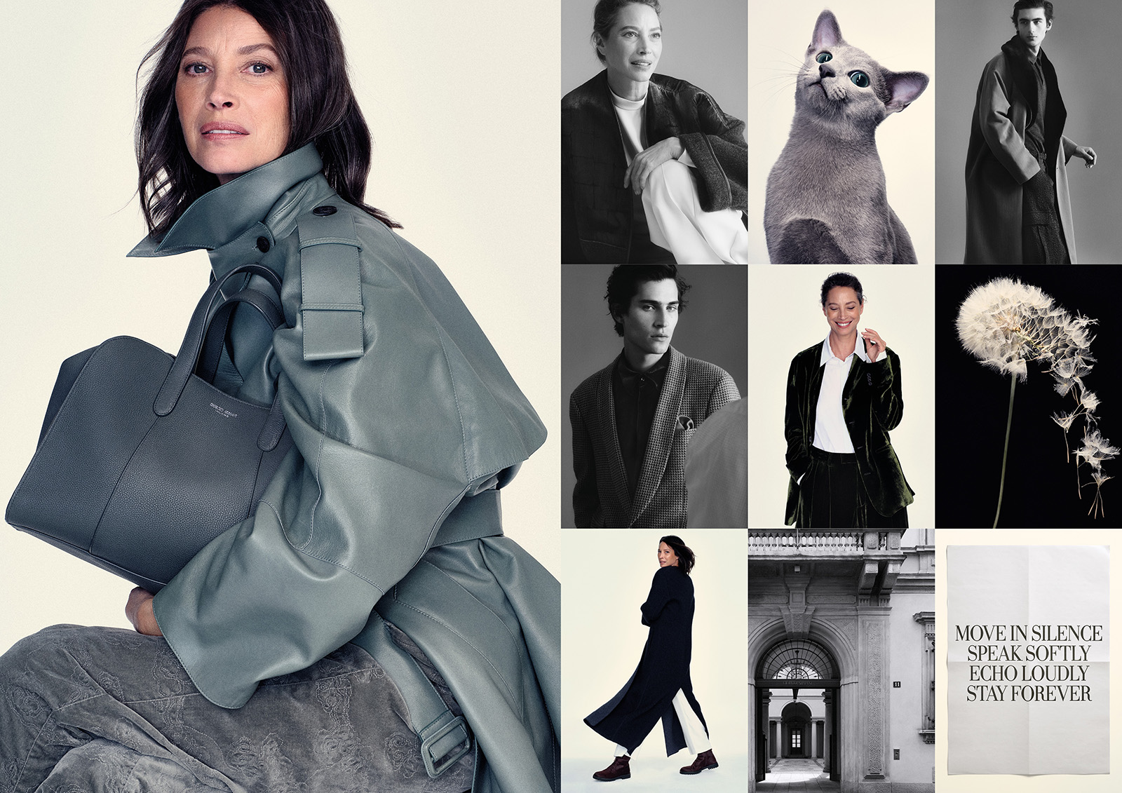 Fashion editorial collage: model in blue-gray trench with matching handbag, plus grayscale fashion portraits, a cat, dandelion, an arch doorway, and text panel.