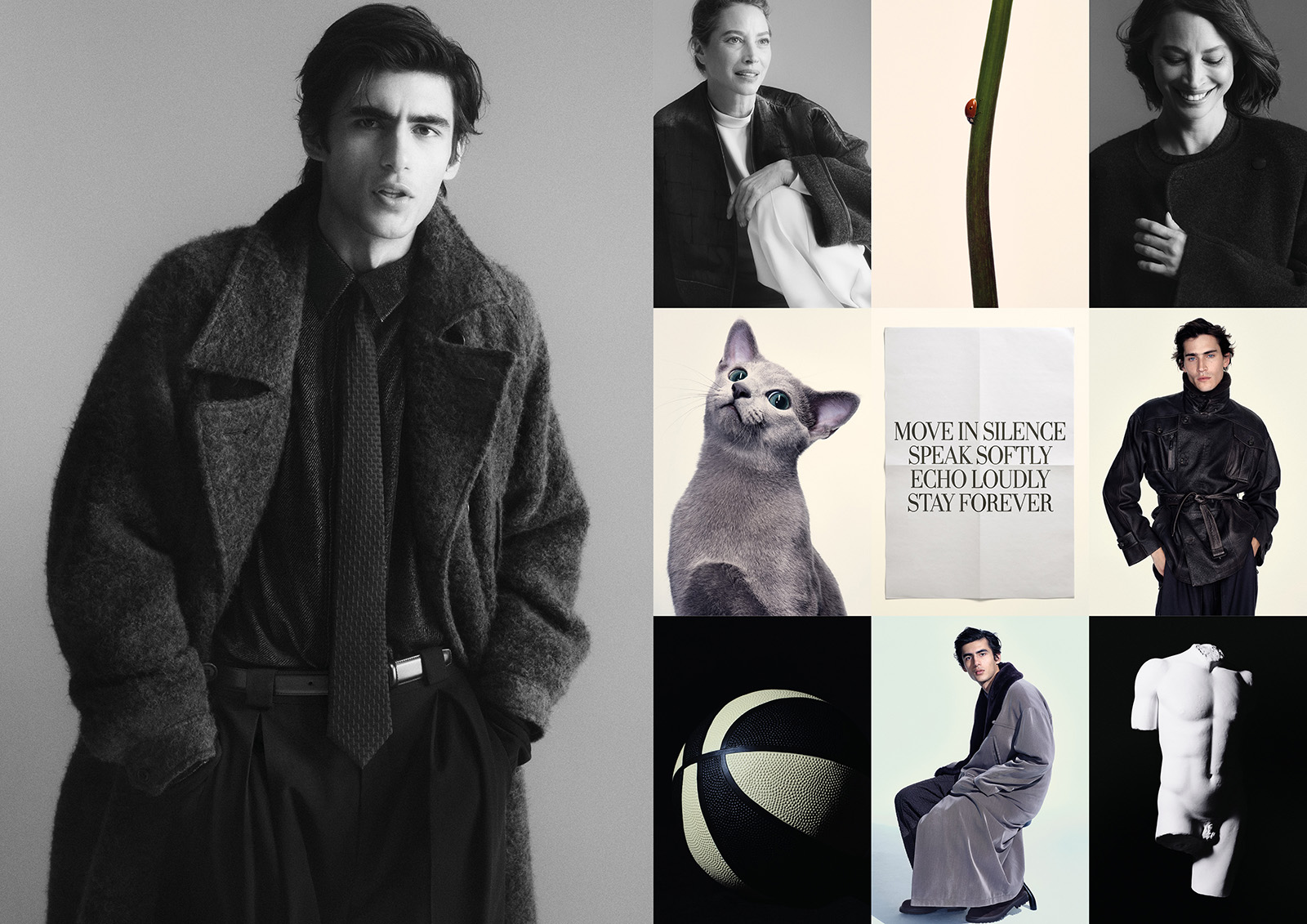 Grayscale fashion collage: a large portrait of a man in a heavy wool coat on the left, with a 3x3 grid of smaller fashion photos on the right including women in coats, a plant stem with a ladybug, a gray cat beside a poster that reads Move in Silence, a man in a belted coat, a basketball, a seated model, and a white sculpted torso.