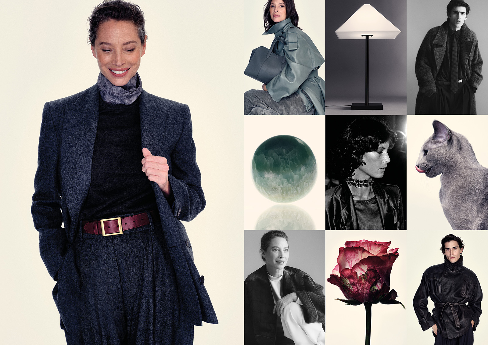 A fashion editorial collage: left shows a woman in a dark blue suit; the right side is a grid of models, accessories, and objects like a teal coat, lamp, cat, green orb, flower, and black-and-white portraits.