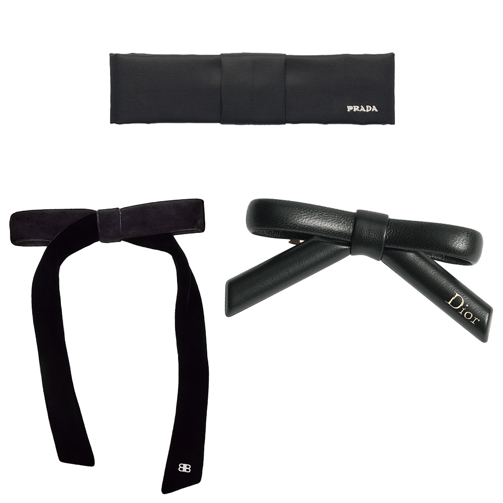 260910-hair-23 | madameFIGARO.jp(フィガロジャポン) 下右:バレッタ¥86,000/ディオール(クリスチャン ディオール)上:リナイロン ヘアクリップ¥50,600(予定価格)/プラダ(プラダ クライアントサービス)下左:Holli スリムヘアリボン¥81,400/バレンシアガ(バレンシアガ クライアントサービス)
