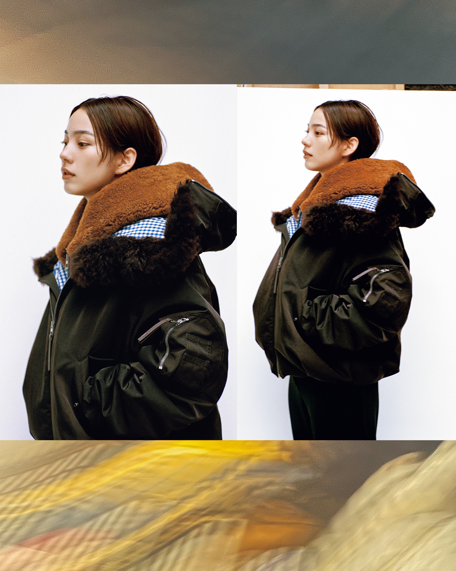 俳優のん、が着用するロエベの新作。ジャケット￥711,700、パンツ￥200,200／ともにロエベ（ロエベ ジャパン クライアントサービス）