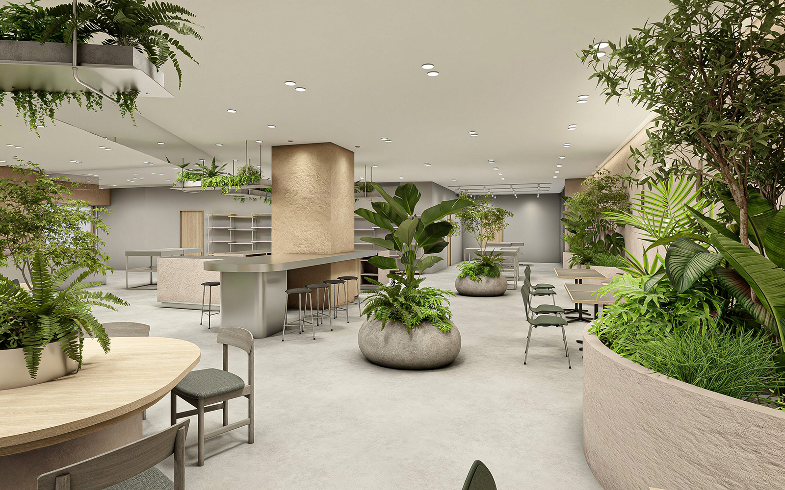 260922-jiyugaoka-muse-square-noderium-soholm-cafe-3 | madameFIGARO.jp(フィガロジャポン) 自由が丘ミューズスクエアにオープンした「NODERIUM/SØHOLM CAFÉ」の店内。観葉植物と北欧家具が調和する空間