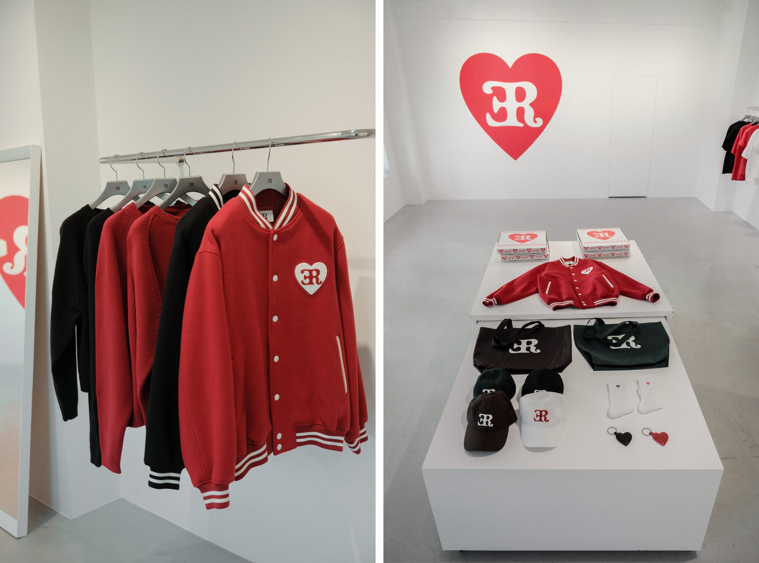 ライズ アヴァブ ギャラリーでのER×VERDYコレクションの展示。赤と黒のスタジアムブルゾンやスウェットがハンガーに並び、台にはバッグ、キャップ、ソックス、ハートのキーホルダーが置かれている