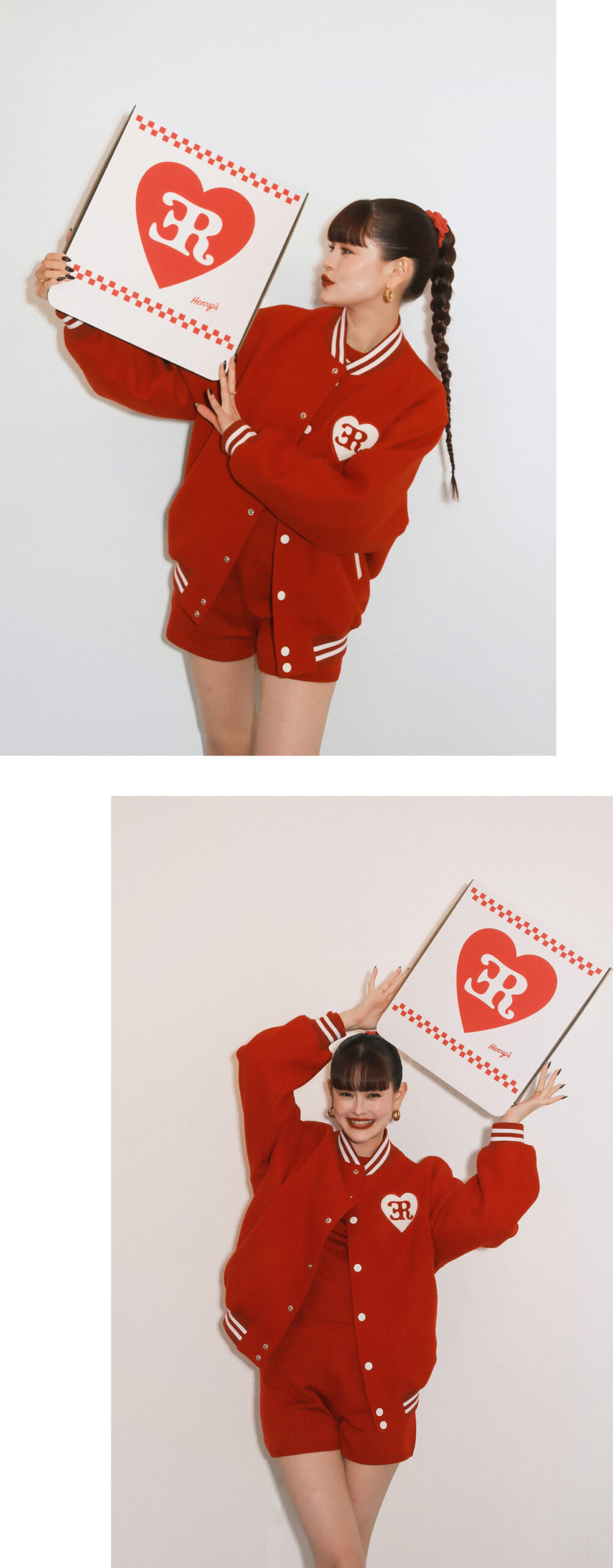 赤いスタジアムブルゾンとショートパンツのセットアップを着たemmaが、ハートロゴ入りの特製ピザボックスを持ってポーズをとる2カット