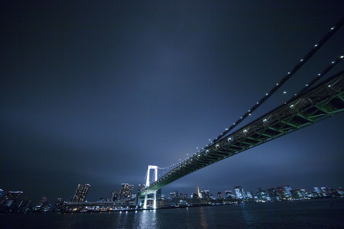 レインボーブリッジの真下から見上げる夜景は、船上ならではの迫力。