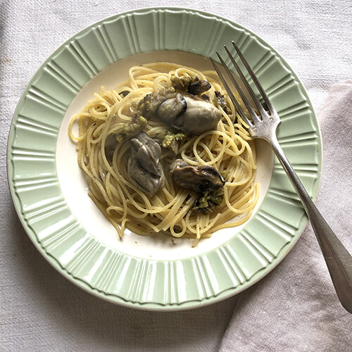 牡蠣とふきのとうのスパゲッティ。